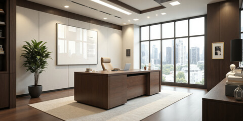 Fototapeta premium Modern law office with a sleek wooden desk, leather executive chair, and contemporary track lighting. Feature a mounted digital presentation