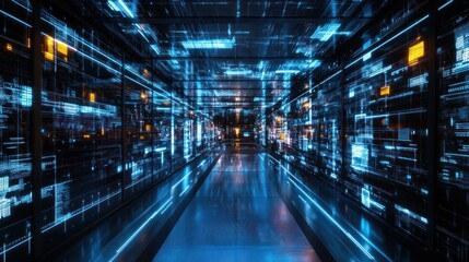 Fototapeta premium Futuristic server tunnel with digital data streams