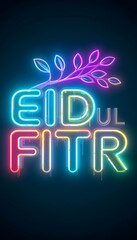 Vibrant Eid ul-Fitr Neon Sign with Glowing Multicolored Typography and Illuminated Green Leaf Branch on a Dark Textured Background with Cracked Wall Effects