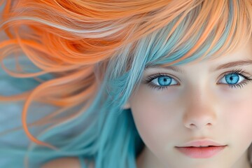 Fototapeta premium close-up portrait of a young person with strikingly vibrant hair and captivating blue eyes