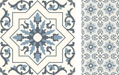 Seamless Azulejo tile. Portuguese and Spain decor. Ceramic tile in blue and white. Seamless Floral pattern. Vector hand drawn illustration, typical portuguese and spanish tile