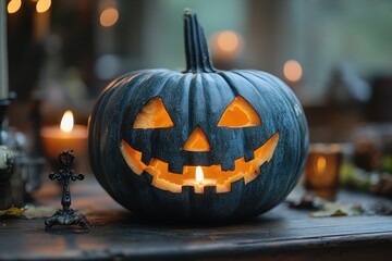 Fototapeta premium Spooky Halloween Pumpkin Decoration with Warm Candlelight Glow