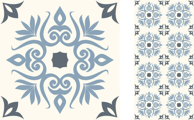 Seamless Azulejo tile. Portuguese and Spain decor. Ceramic tile in blue and white. Seamless Floral pattern. Vector hand drawn illustration, typical portuguese and spanish tile