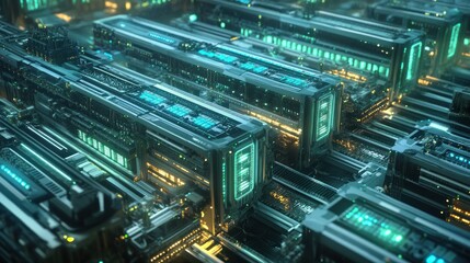 Fototapeta premium Futuristic Server Farm: Teal and Chrome Digital Landscape