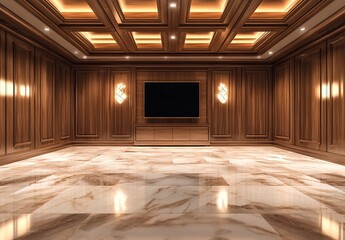 Fototapeta premium 3D rendering of a living room interior design with a TV on the wall, marble floor, and wooden paneled walls, with ambient lighting and a minimalist style.