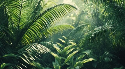 Lush jungle foliage, sunlight filtering through dense rainforest