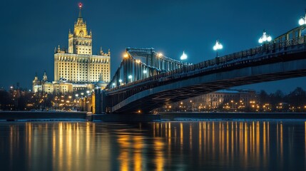 Obraz premium Night View of Moscow's Iconic Stalinist Architecture and Bridge