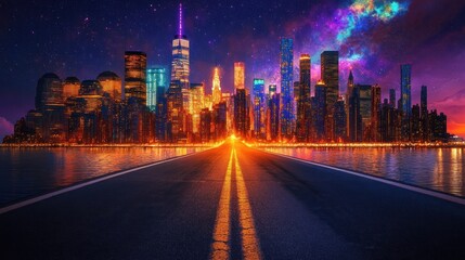 Fototapeta premium Empty Road Leading to Night City Skyline