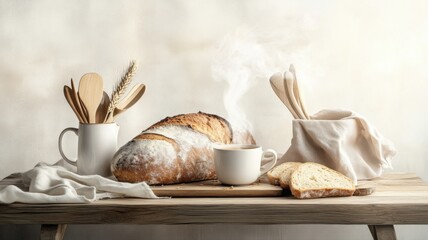 Warm morning bliss in a cozy countryside kitchen with fresh bread and coffee Generative AI