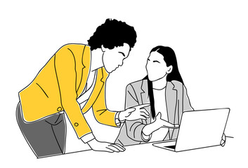 Two business women working together with laptop. Vector sketch illustration isolated on transparent background.