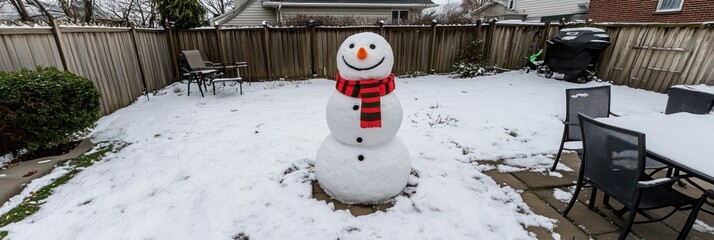 Snowman in a snowy backyard