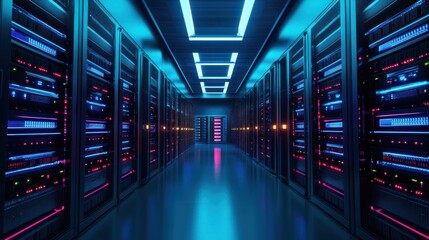 Fototapeta premium Futuristic Server Room: Neon Lights Illuminate Data Center Corridor