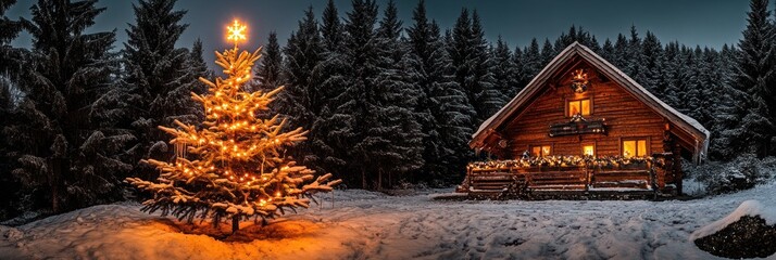 Snowy Christmas Scene with Illuminated Tree and Cabin