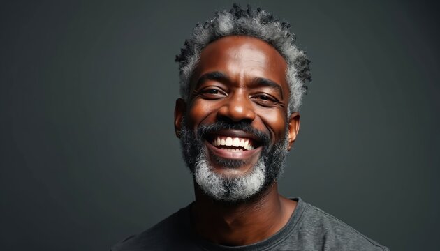 Smiling mature black man with grey beard looking at camera. Portrait of happy, joyful middle-aged male with white teeth, cheerful expression on face. Adult human in studio shot, positive emotion.
