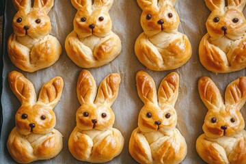 Obraz premium Easter bunnies made from yeast dough. Traditional Easter dessert - rabbits, symbol, concept, design. View from above.