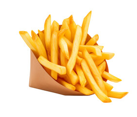 mouthwatering still life of a crispy golden French fries, perfectly salted and arranged in a cone-shaped paper holder, on a white background