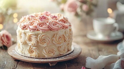 A decorated cake with cream roses on a wooden table