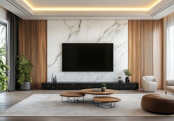 3D rendering of a living room interior design with a modern TV wall mockup and white marble stone paneling, a black screen, wood grain panels, wall art, decorative elements, and ambient lighting. 