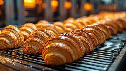 Golden Croissants on Rack: A close-up of perfectly baked croissants resting on a metal rack in a professional bakery setting. Evokes the aromas of a classic French bakery.
