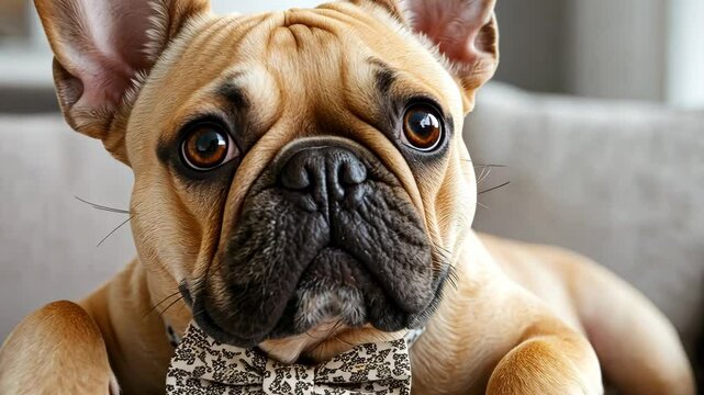 Adorable French Bulldog Relaxing on Couch with Stylish Bow Tie