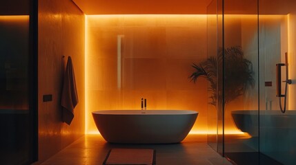 Modern, warm-toned bathroom with a freestanding tub and minimalist design