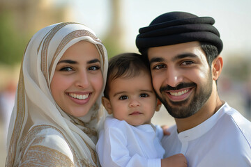 A young Emirati couple with their child, happy and smiling