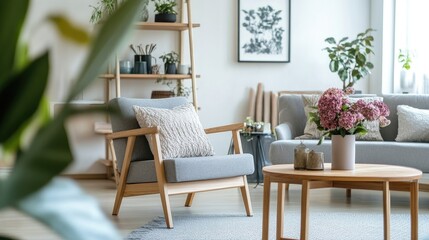 Obraz premium Modern boho interior of sitting room at cozy apartment with design armchair, gray sofa, wooden coffee table, shelf, plant, flowers, and elegant personal accessories