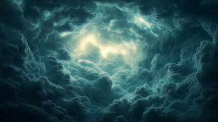 A dramatic, high-contrast background featuring swirling storm clouds in shades of deep gray and navy blue.