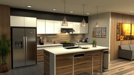 Modern kitchen with an island, featuring white cabinets, warm wood accents, and stylish lighting
