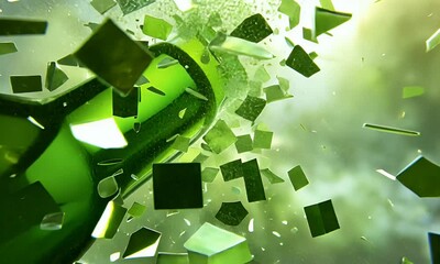 Abstract green crystal shattering into fragments, dynamic motion blur effect. - Powered by Adobe