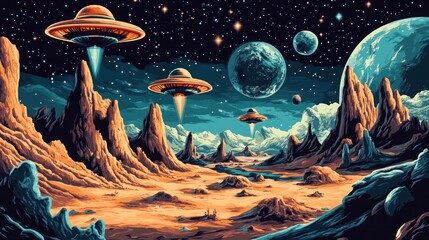 Alien landscape with flying saucers