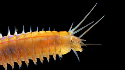 Worm Polychaeta Nereis sp. family Nereididae close-up. The photograph shows the front part of the body, where tentacles, antennae, eyes, bristles, and parapodia are visible. White Sea