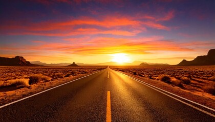 Fototapeta premium A long, endless highway cutting through a vast, golden desert under a breathtaking sunset