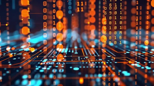 Abstract digital data stream with binary code, representing a technology concept. Illuminated lines and binary numbers in a futuristic theme, ideal for technology or digital content