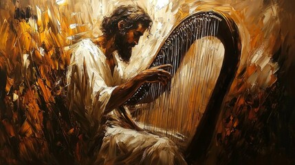 A dramatic oil painting of David playing the harp, showcasing powerful biblical themes. 