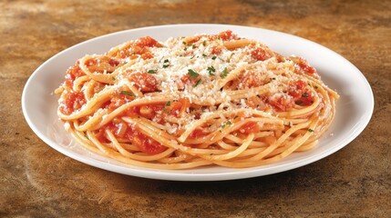 Fototapeta premium Delicious spaghetti topped with cheese and sauce.