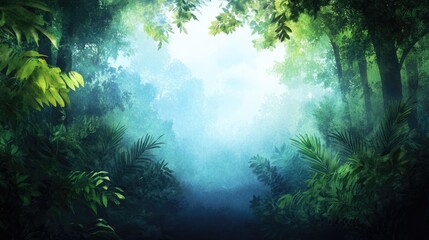 Obraz premium Lush jungle vista, misty forest path, sunlight