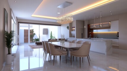 Modern open-plan dining and kitchen area with beige accents