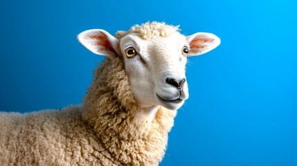 Fototapeta premium Cute sheep with fluffy wool against a vibrant blue background