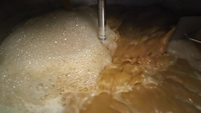 Opaque brown apple cider is mixed in large vat before fermentation