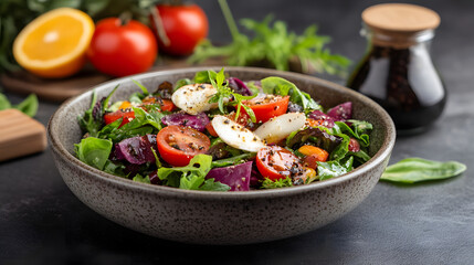 Fresh, vibrant salad with mixed greens, tomatoes, mozzarella, and vinaigrette