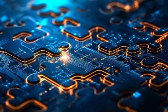 Interlocking puzzle pieces illustrating technological concepts.