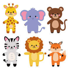 Obraz premium Vector Cartoon Animals Set. Giraffe, Hippo, Elephant, Bear, Zebra, Mouse, Lion, Monkey, Fox