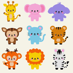 Obraz premium Vector Cartoon Animals Set. Giraffe, Hippo, Elephant, Bear, Zebra, Mouse, Lion, Monkey, Fox