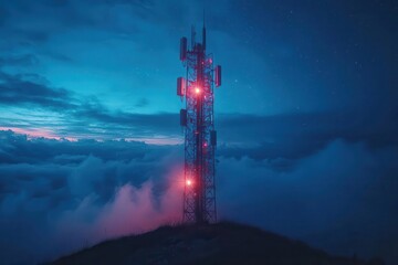 bioluminescent communication tower at night with fiber optic cables glowing in ethereal blues and greens