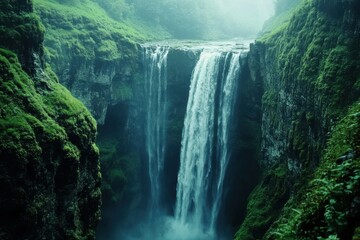 Majestic waterfall cascading through lush green cliffs in a misty forest setting