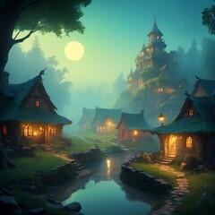 Enchanted Moonlit Village &ndash; A Mystical Fantasy Landscape