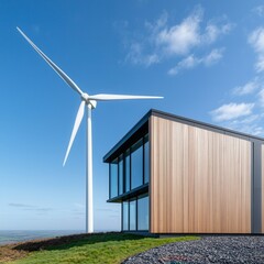 Fototapeta premium A modern wooden building stands beside a large wind turbine under a clear blue sky, showcasing sustainable architecture and renewable energy.