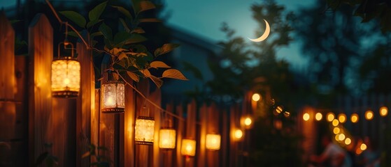 Naklejka premium Evening garden scene with glowing lanterns strung along a wooden fence under a crescent moon