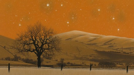 A solitary tree stands against a backdrop of a wintery landscape under a vibrant orange sky, dotted with stars